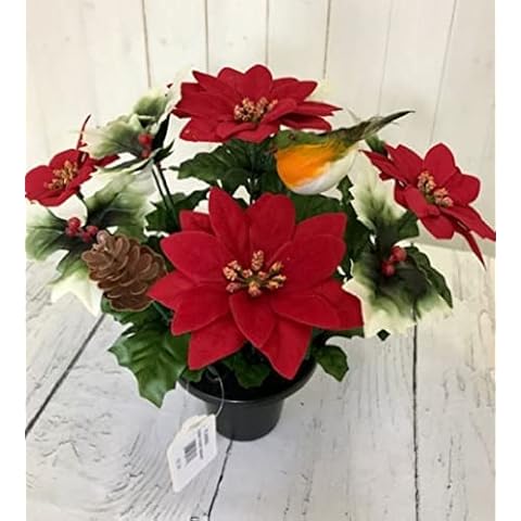 Robin and Poinsettia Pots (matching Pair) , Festive Winter Arrangement , 30 cm high, 16 flower Heads ,Premium quality Cover