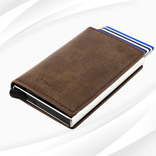 Men’s Leather RFID Wallet – Slim Aluminum Automatic Pop-Up Card Holder with 8 Card Slots, and RFID Blocking for Credit Card Protection (Brown)2