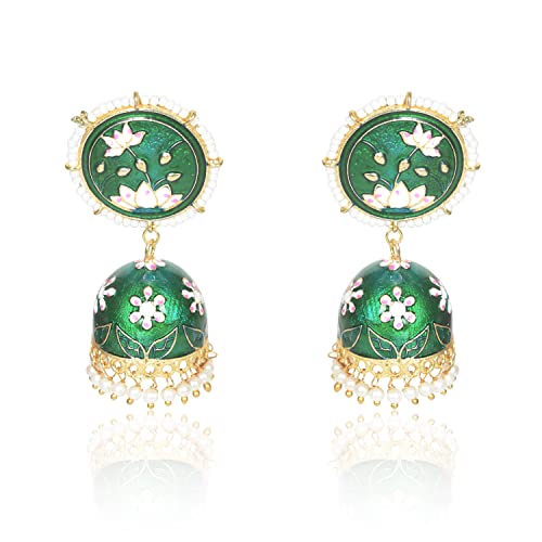 Image of Nilu's Collection Meenakari Dome Shape Jhumka Earrings with Lotus engraved and pearl Beaded Top