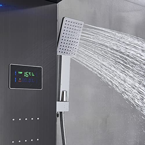 Torre de Ducha LED con Sistema de Jets de Masaje Corporal, Cascada de Lluvia, Acero Inoxidable, Negro, Ducha de Mano miniatura 7