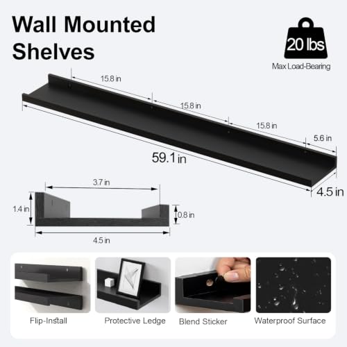 Image of Black Floating Shelves for Wall Decor, 60 in Shelf with Lip Set of 2 | 4.5 inch Deep Display Picture Ledge Shelf, Long Wall Mounted Storage Shelves for Bedroom, Bathroom, Living Room, Kitchen, Nursery