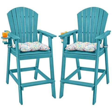 Sundale Outdoor Adirondack Bar Chairs Set of 2, Patio HDPE Bar Stools with Backrest, 30 Inch Seat Height Bistro Tall Dining Counter Barstools with Cushion, All-Weather Pub Height Chairs, Turquoise Cover