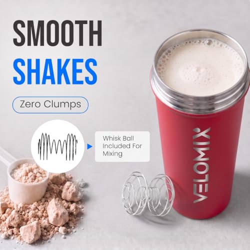 Image of VELOMIX 24oz Stainless Steel Shaker Bottle with Wire Whisk (Red) | Wire Whisk Included, Leak Proof, No Clumps, Insulated, For Protein Shakes and Smoothies, Odor and Stain Resistant