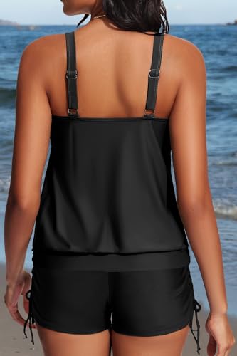Image of Yonique Blouson Tankini Swimsuits for Women 2 Piece Bathing Suits Tops with Boyshorts Modest Loose Fit Swimwear