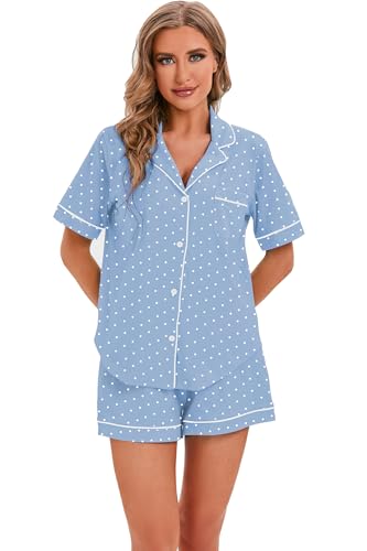 Image of LUBOT 100% Cotton Pajamas for Women 2 Piece PJ Set Button-Down Soft Knit Short Sleeve Summer Sleepwear Loungewear XS-XXL