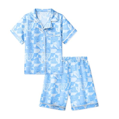 LQSZ Girls Pajamas Set Satin 2PCS Sleepwear 3-10 Years Kids Silky Button-Down Shorts Set