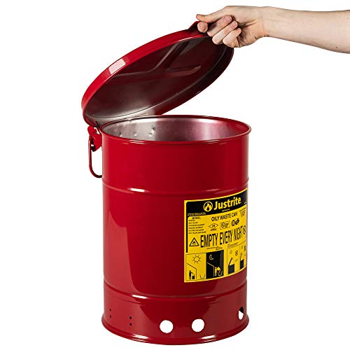 Justrite 09110 Galvanized Steel Oily Waste Safety Can With Hand Operated Cover, 6 Gallon Capacity, Red #TOP1