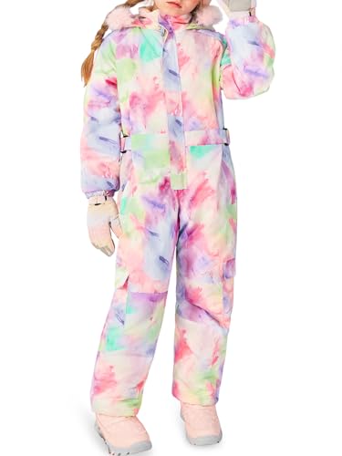 Haloumoning Girls Colorful One Piece Snowsuits Kids Hooded Fleece-Lined Waterproof Ski Suits Coveralls Winter Jumpsuits