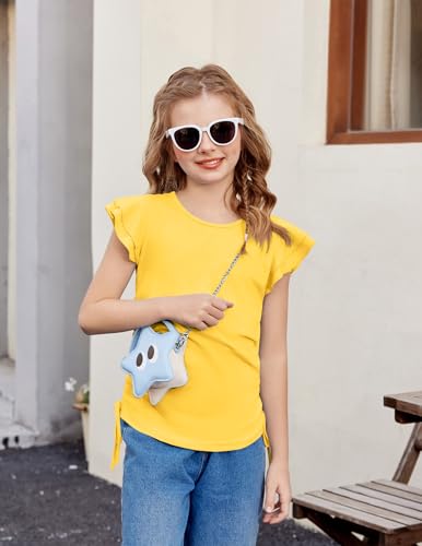 Image of Arshiner Girls T Shirts Ruffle Short Sleeve Ruched Knot Side Tunic Blouse Summer Tee Tops