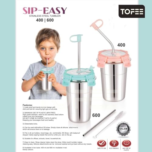 Image of TOFEE Stainless Steel Tumbler with Lid, Straw & Cleaning Brush (Each 400ml) Leakproof Travel Cup, Reusable & Durable, Sippy Cups for Home, Office & Outdoors (1, sea Green)