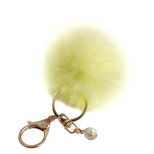 Bestpriceam Real Fox Fur Ball with Artificial Fox Head Inlay Pearl Rhinestone Key Chain for Womens Bag or Cellphone or Car Pendant (Style_1, Yellow)