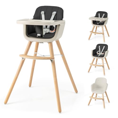 Image of HONEY JOY Baby High Chair, 6-in-1 Eat & Grow Wooden Highchair/Toddler Chair with Removable Tray, 5-Point Harness, PU Cushion and Footrest, Convertible High Chair for Babies and Toddlers(Black)