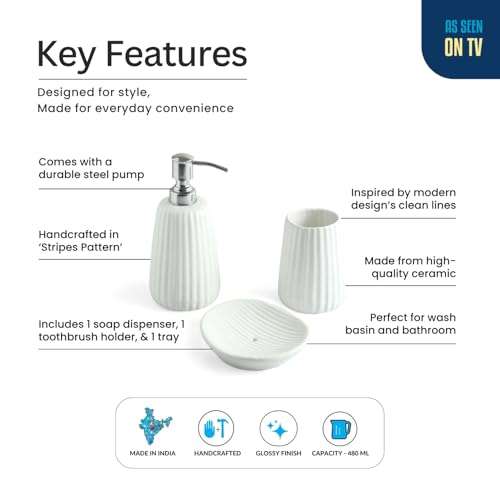 Image of ExclusiveLane 'Classic Calm' Ceramic Soap Dispenser Set for Bathroom Wash Basin Bathroom Accessories Set of 3 (Liquid Soap Dispenser, Toothbrush Holder, Soap Tray Holder, Hand-Embossed)