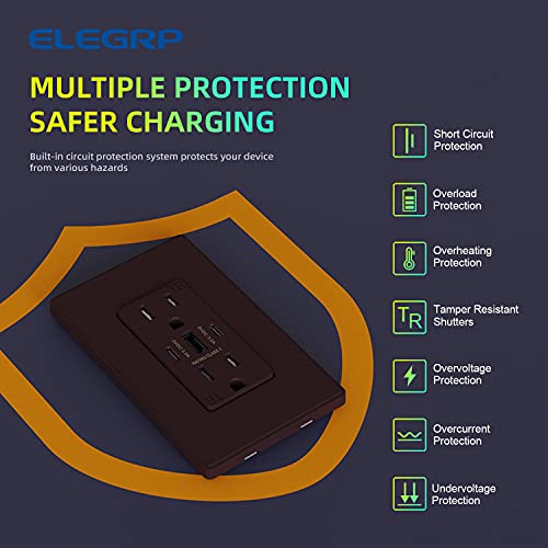 Image of ELEGRP USB Outlets, 30W 6.0 Amp USB C Outlets Receptacles, 3-Port USB Wall Outlet, 15 Amp Tamper-Resistant Outlet with 2 USB C Ports, UL Listed, Screwless Wall Plate Included, 1 Pack, Matte Brown