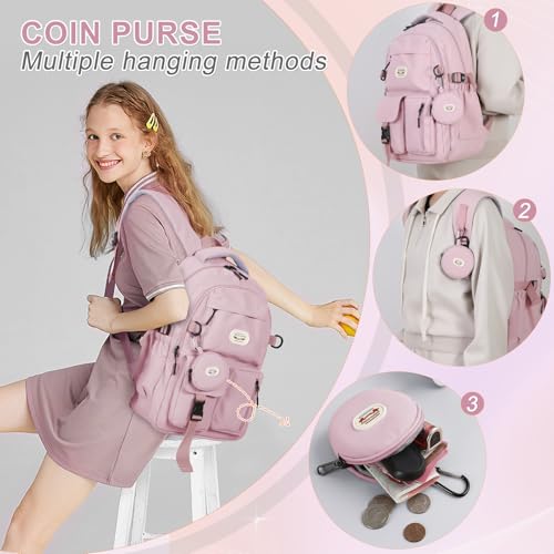 BECOJADDE Backpack School Bag Womens Girls with 15.6'' Laptop compartment, Water Resistant Rucksack with Coin Purse, Daypack for College, Work & Travel, Ideal for Teens & Students Pink 25L - Image 6