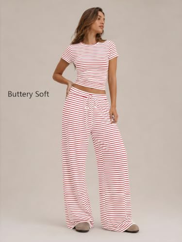 Image of Trendy Queen Women's 2 Piece Matching Summer Lounge Set with Pockets | Vacation Airport Travel Outfits, Workout Gym Clothing Comfy Athleisure Clothes, Side-ruched Top, Drawstring Wide Leg Pants