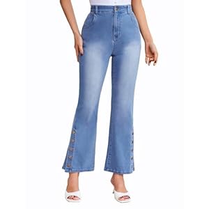 Belle Poque Women Bell Bottom Jeans High Waisted Wide Leg Bootcut Jeans with Button Slit Hem