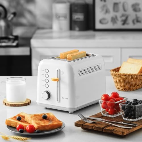 Image of BUYDEEM DT620 2-Slice Toaster, Extra Wide Slots, Retro Stainless Steel with High Lift Lever, Bagel and Muffin Function, Removal Crumb Tray, 7-Shade Settings,Arctic White
