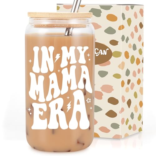 Coolife in My Mama Era Coffee Glass Cup, Cute Mama Gifts for New Mom, Best Mom - First Mothers Day, Birthday, Postpartum Presents for New Mother after Birth, 16 oz Cup Mommy Glass Tumbler w/Straw Lid