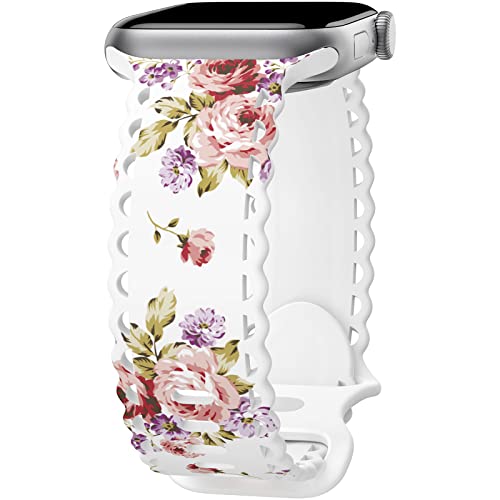 Image of Compatible with Apple Watch Band 41mm 40mm 38mm 49mm 45mm 44mm 42mm Women Girl, Rose Floral Print Lace Hollow-out Soft Silicone Sport Bands For iWatch Ultra SE Series 9 8 7 6 5 4 3 2,