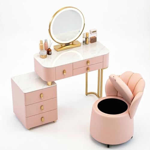 Mesa de maquillaje con tocador, tocador con espejo iluminado y taburete de almacenamiento for dormitorio, Cómoda de maquillaje con gabinete de almacenamiento, cajón, pata de metal, rosa(L:100cm)