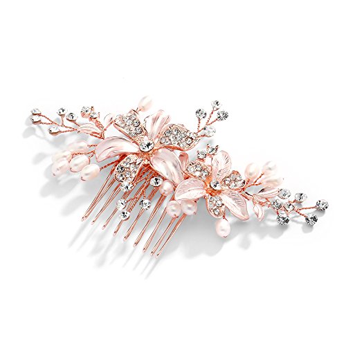 Mariell Rose Gold Bridal Comb with Freshwater Pearl, Hand-Painted Enamel Leaves and Austrian Crystals