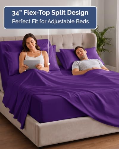Image of CGK Unlimited Extra Deep Flex Top Split Head King Sheet Set - 6 Piece Breathable and Cooling Sheets - Hotel Luxury Bedding for Women, Men, Kids & Teens - Easy Secure Fit - Extra Deep Pockets - Purple