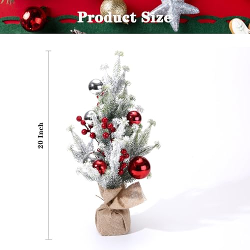 Mini árvore de Natal de mesa de 50 cm, pinheiro de Natal com flocos de neve artificial com bolas de