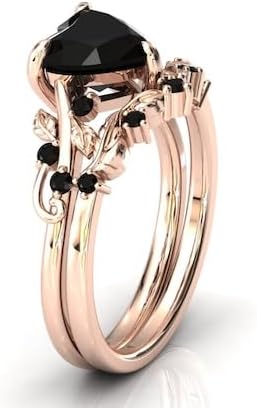 Generic Natural Black Onyx Engagement Ring Set For Women Heart Shaped Black Onyx Ring Set Rose Gold Leaf Ring Set Black Gemstone Wedding Ring Set