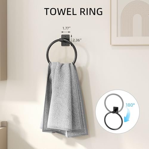 Matte Black Bathroom Accessories Set 4-Pieces, Towel Racks for Bathroom 24Inch Towel Bar, Towel Ring, Towel Hooks, Toilet Paper Holder with Shelf, Stainless Steel Wall Mounted Bathroom Hardware Set - Image 4