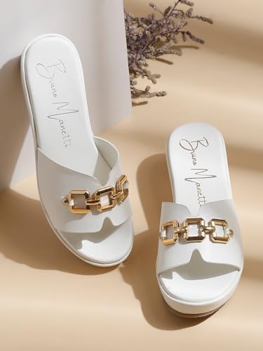 Image of Bruno Manetti Women's Slipon Back Open with Upper Golden Buckle Round Toe Comfort Platform Wedges