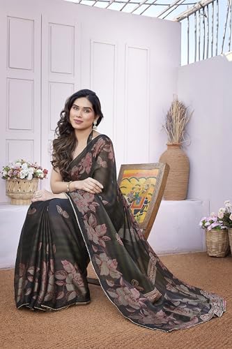 Image of MIRCHI FASHION Saree for Woman Chiffon Foil Work Floral Printed | Ethnic Sari for Function and Farewell with Unstitched Blouse Piece (Available in 15 Colors)