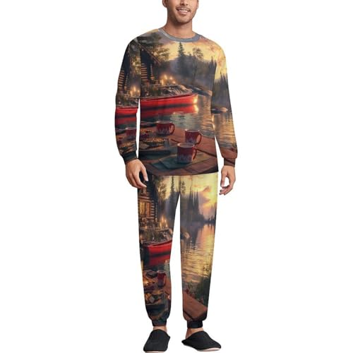 Lake Cabin Boat Men’s Pajama Set Long Sleeve Top And Pants Loungewear Sleepwear Pjs Nightwear