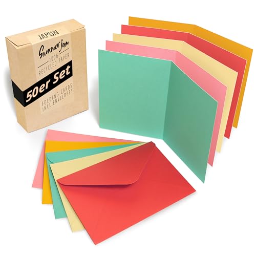 Japun - 50er Set blanko Falt-Karten inkl. Briefumschläge, Klapp-Karten zum gestalten, beschriften oder bedrucken - DIN A6 / C6 - farbig bunt Japun - 50er Set blanko Falt-Karten inkl. Briefumschläge, Klapp-Karten zum gestalten, beschriften oder bedrucken - DIN A6 / C6 - farbig bunt