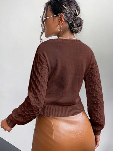 Women Cardigan Outerwear Coats Knit Lantern Sleeve Button Front Crop Cardigan3