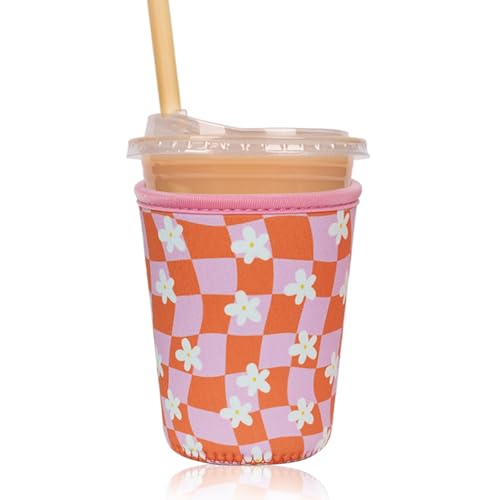 Image of Reusable Insulated Sleeve for Iced Coffee Cup, Coffee Neoprene Sleeve for Cold & Hot Drinks, Beverage Holder for Iced Coffee (Daisy Grid, Small: 16-18oz)