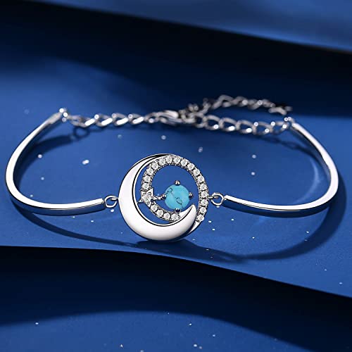 Fancime Turquoise Bracelet Of 925 Sterling Silver Moon And Star Bangle December Birthstone Charm Bracelets Fine Gemstone Jewelry Birthday Anniversary Mother's Day Gifts For Women Girls Her, 6.7"+1.2" #TOP2