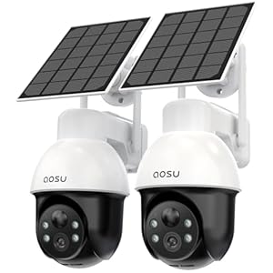 AOSU 3K/5MP Solar Security Cameras System Wireless Outdoor, Battery Powered WiFi Camera for Home Security, Panoramic PTZ, Auto Tracking, Human/Vehicle Detection, Color Night Vision (2 Pack)
