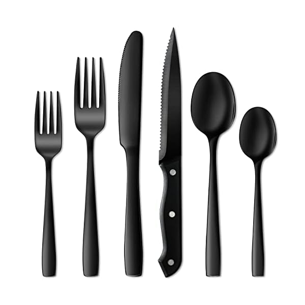 NETANY 24 Pieces Black Silverware Set, Black Flatware Set, Food-Grade Stainless Steel Cutlery Set for 4, Tableware Eating Utensils, Mirror Finished, Dishwasher Safe NETANY 24 Pieces Black Silverware Set, Black Flatware Set, Food-Grade Stainless Steel Cutlery Set for 4, Tableware Eating Utensils, Mirror Finished, Dishwasher Safe