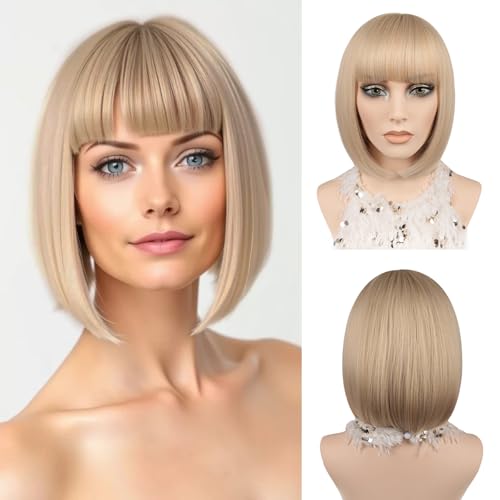 Kurze Bob-Perücke 30cm gefärbte Bob-Perücke mit Pony hitzebeständige synthetische Faser glattes Blond-Haar für Frauen Cosplay-Partys Weihnachten Halloween tägliche Nutzung (#24/60) Kurze Bob-Perücke 30cm gefärbte Bob-Perücke mit Pony hitzebeständige synthetische Faser glattes Blond-Haar für Frauen Cosplay-Partys Weihnachten Halloween tägliche Nutzung (#24/60)