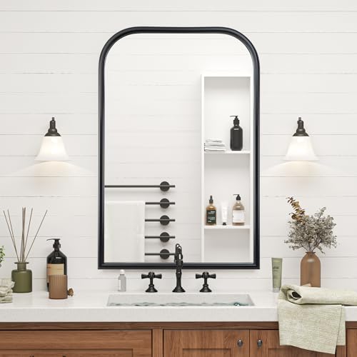 Image of 24 inchx36 inch Arch Wall Mirror Bathroom Mirror for Wall Mounted, Tempered Glass, Wood Grain Finish Frame Wall Mirror Decorative for Living Room Bedroom Entryway, Black