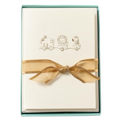 Image of Graphique Baby Train Cards, Pack of 10 Cards with Envelopes, Newborn Greeting, Congratulations to New Parents, Blank Inside, Gold Foil Embossing, La Petite Press Collection Boxed Set, 3.25 inch x 4.75 inch