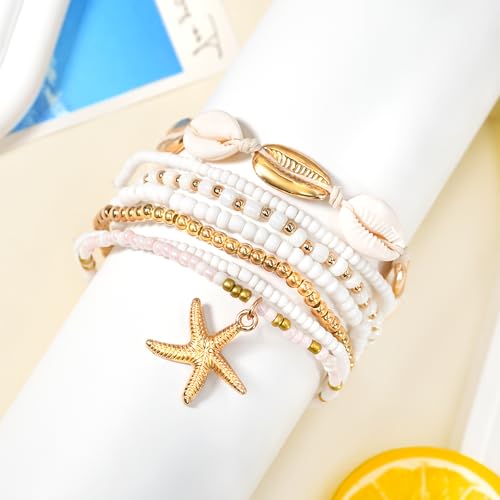 Image of 7 Pack Boho Beaded Shell Anklet Bracelets for Women Colorful Stretch Cowrie Seashell Starfish Ankle Bracelet Stack Adjustable Summer Beach Accessories Cute Hawaiian Jewelry