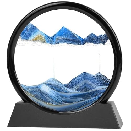 Evilia Ecom Moving Sand Art, 3D Liquid Motion Deep Sea Sandscape Color Quicksand Decor, Round Glass Flowing Circle Sand Art Sandscapes Picture, Relaxing Desktop Home Office Work Decor, 7 inch Blue