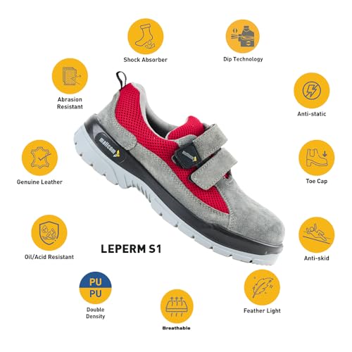Mallcom Leperm Split Suede Safety Shoe for Men, Valcro Closure, Grey and Synthetic Spacer Nylon Red Low Ankle Steel Toe Cap, Double Density PU Sole Safety Shoe, Light Weight, 7UK