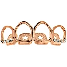 14k Rose Gold Plated Four Open Face Tooth Grillz Iced Upper Row Top Teeth Hip Hop Mouth Grills