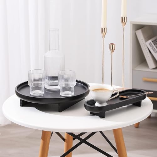 Image of 2 Pcs Round Wooden Decorative Tray, Black, Modern, 11.8 inchL x 11.8 inchW x 2.5 inchH (Large), 11.8 inchL x 4 inchW x 2 inchH (Small), Perfect for Coffee Table, Bathroom Vanity, Kitchen Counter, Gift