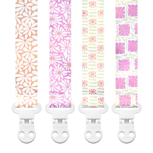 Image of Stadela Baby Pacifier Clip Holder - Girl 4 Pack Gift Set – Modern Matiss Inspired Floral Flowers Pink Green Yellow