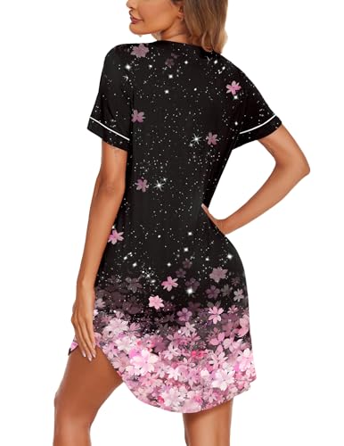Image of Ekouaer Nightgowns for Women Button Down Night Gowns Short Sleeve Sleep Shirt V Neck Nightshirt Soft Sleepwear Pajams Dress