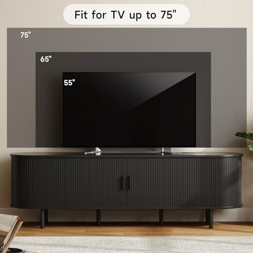 Image of ONBRILL 70.8 inch TV Stand with Power Outlet for TVs up to 75 Inch, Entertainment Center with Storage and Adjustable Shelves, Modern Media Console with Sliding Doors for Living Room, Black